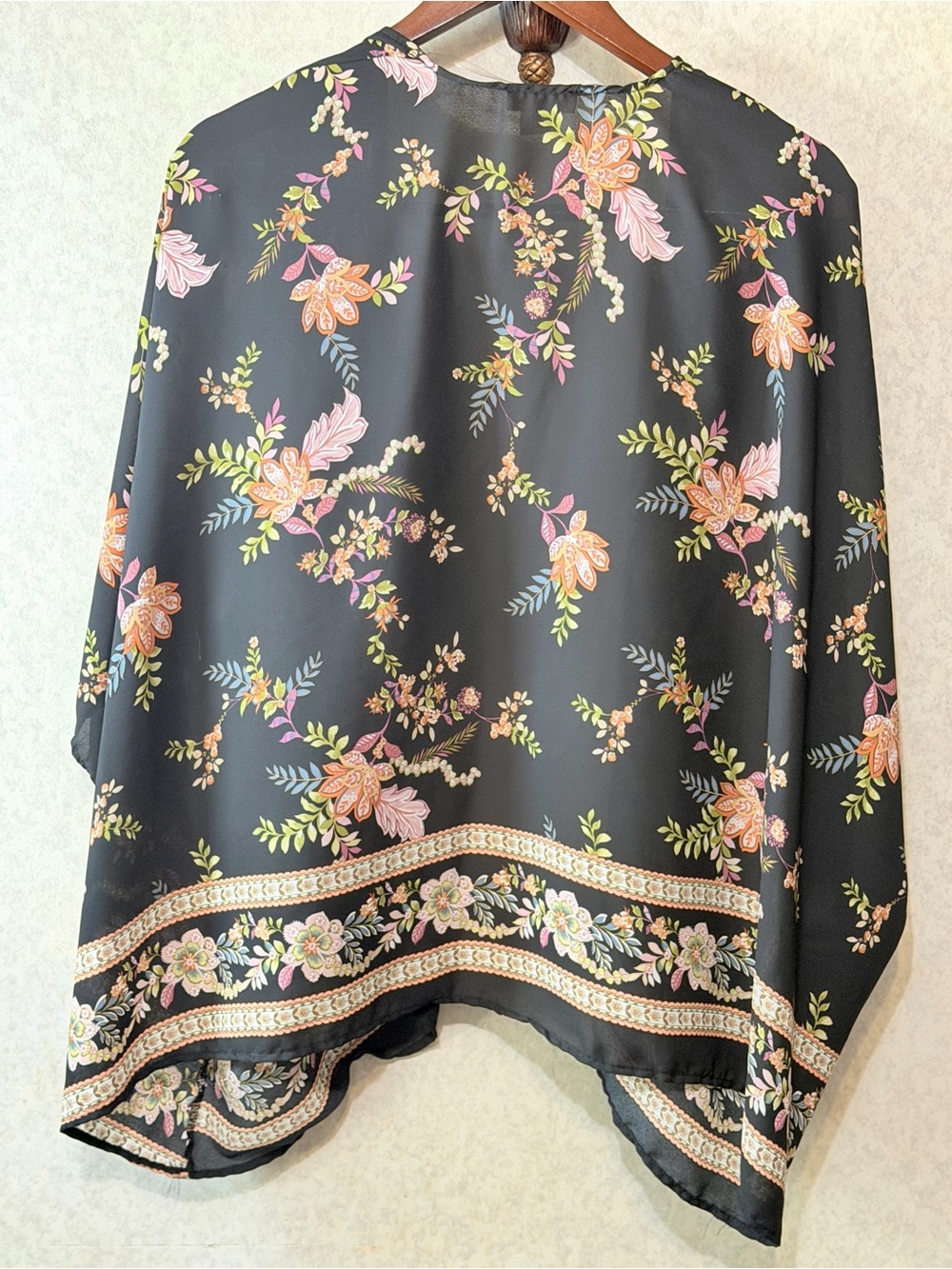 Floral Kimono Black Boho Open Front Cardigan Lightweight One Size EUC - Picture 3 of 7